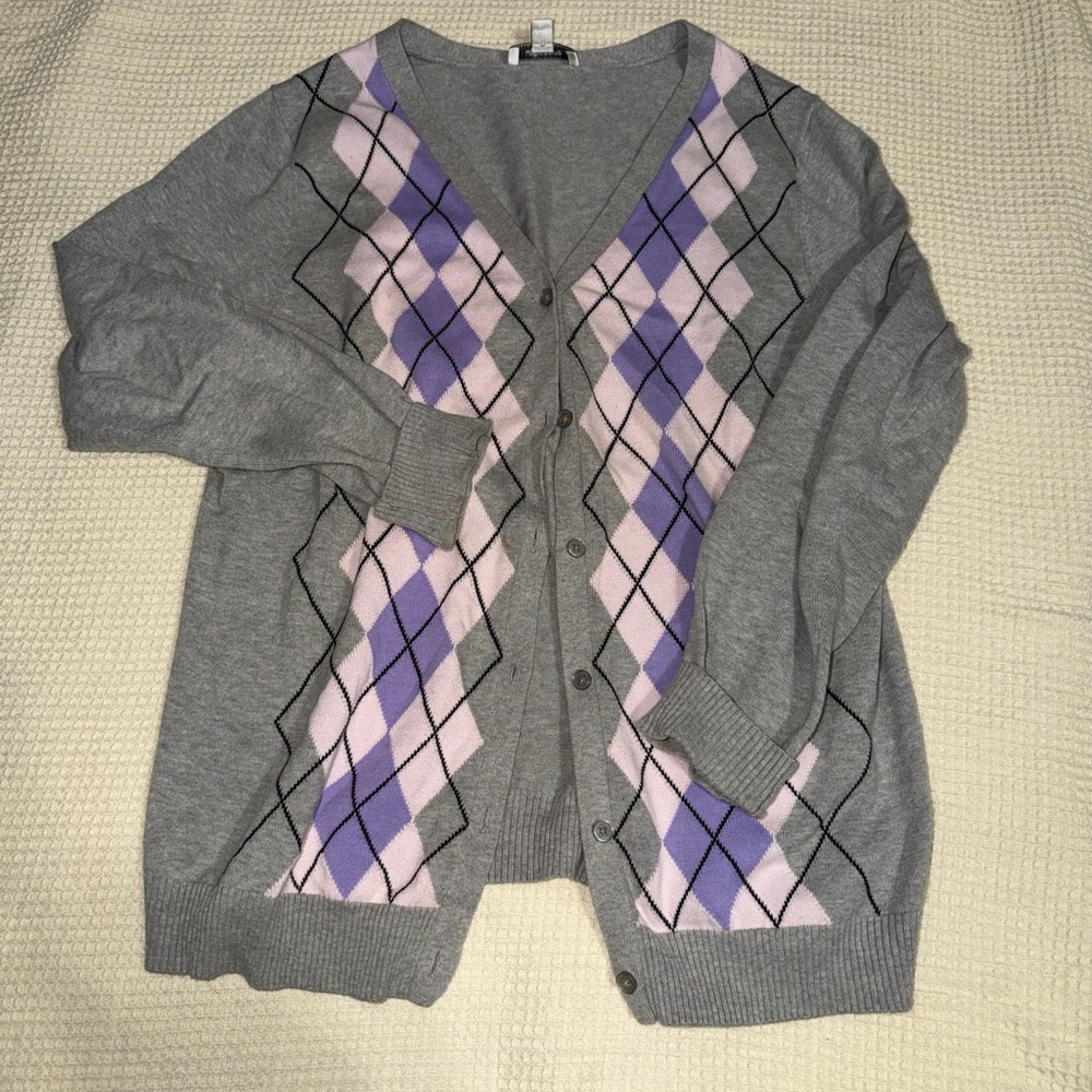 Gray and Purple Argyle Women's Sweater 100% Cotton